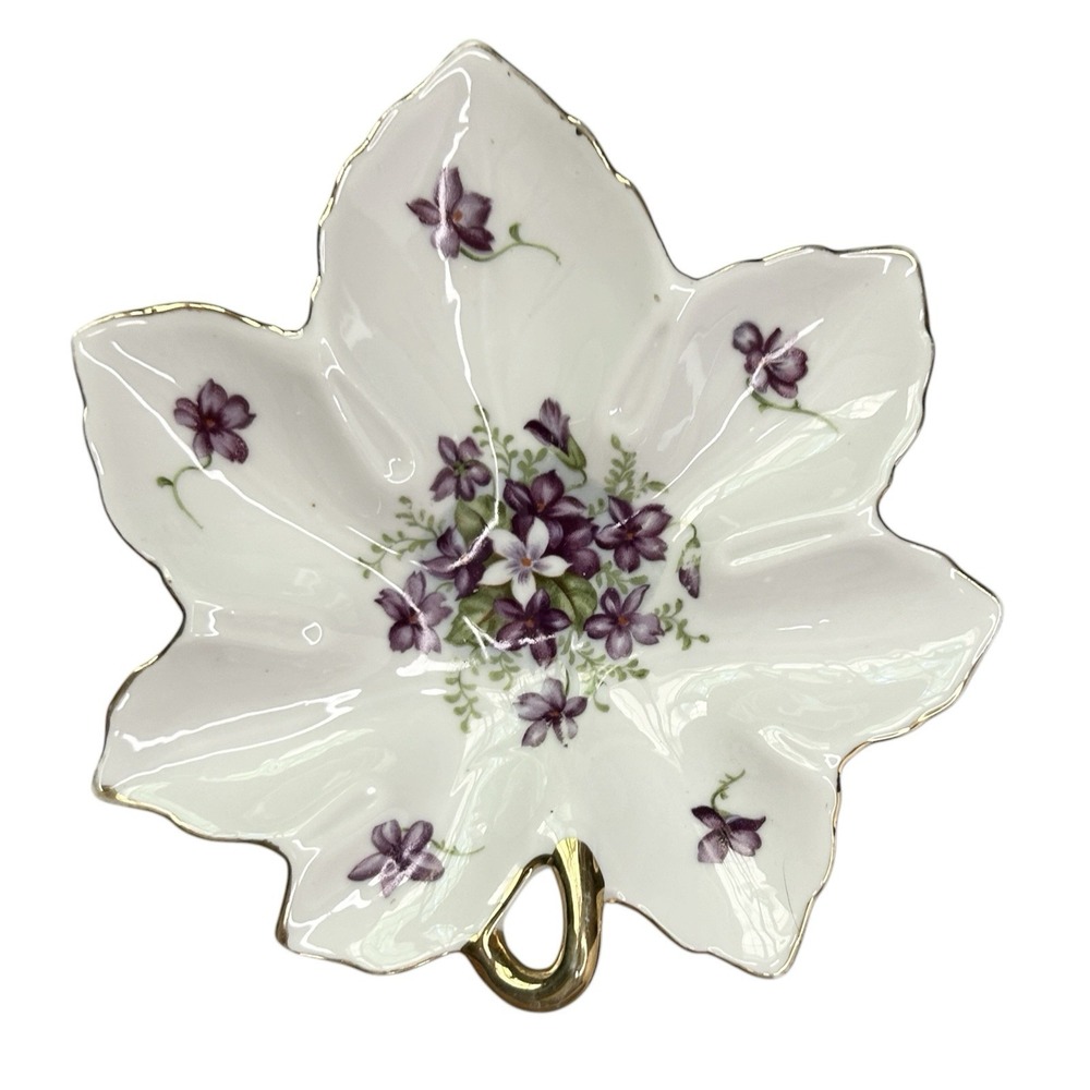 Vintage LEFTON Violet Hand Painted Leaf Gold Trim Candy Dish Trinket Plate 6.75"